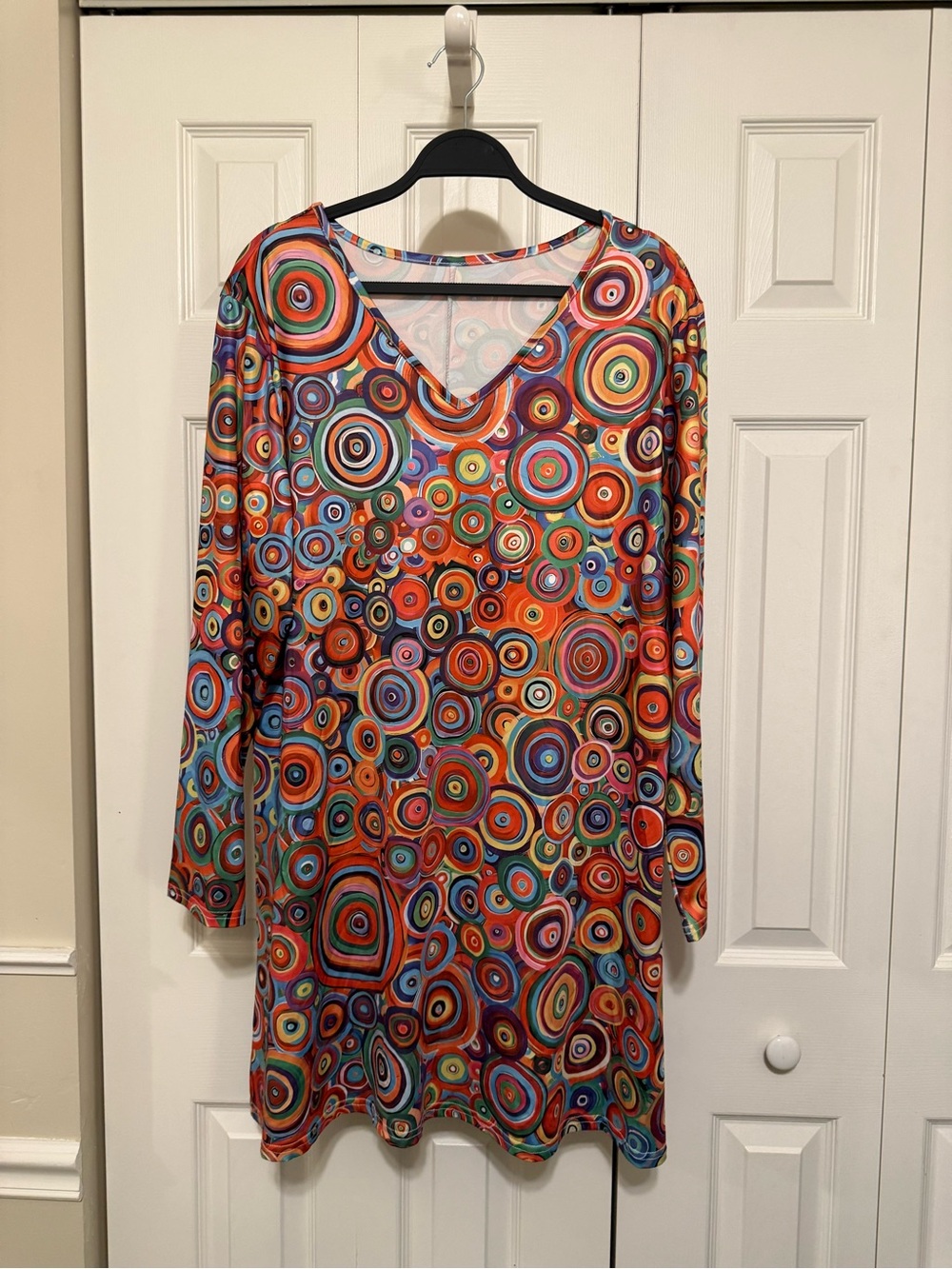 Vibrant Multicolor Circle-Print V-Neck Women’s Dress